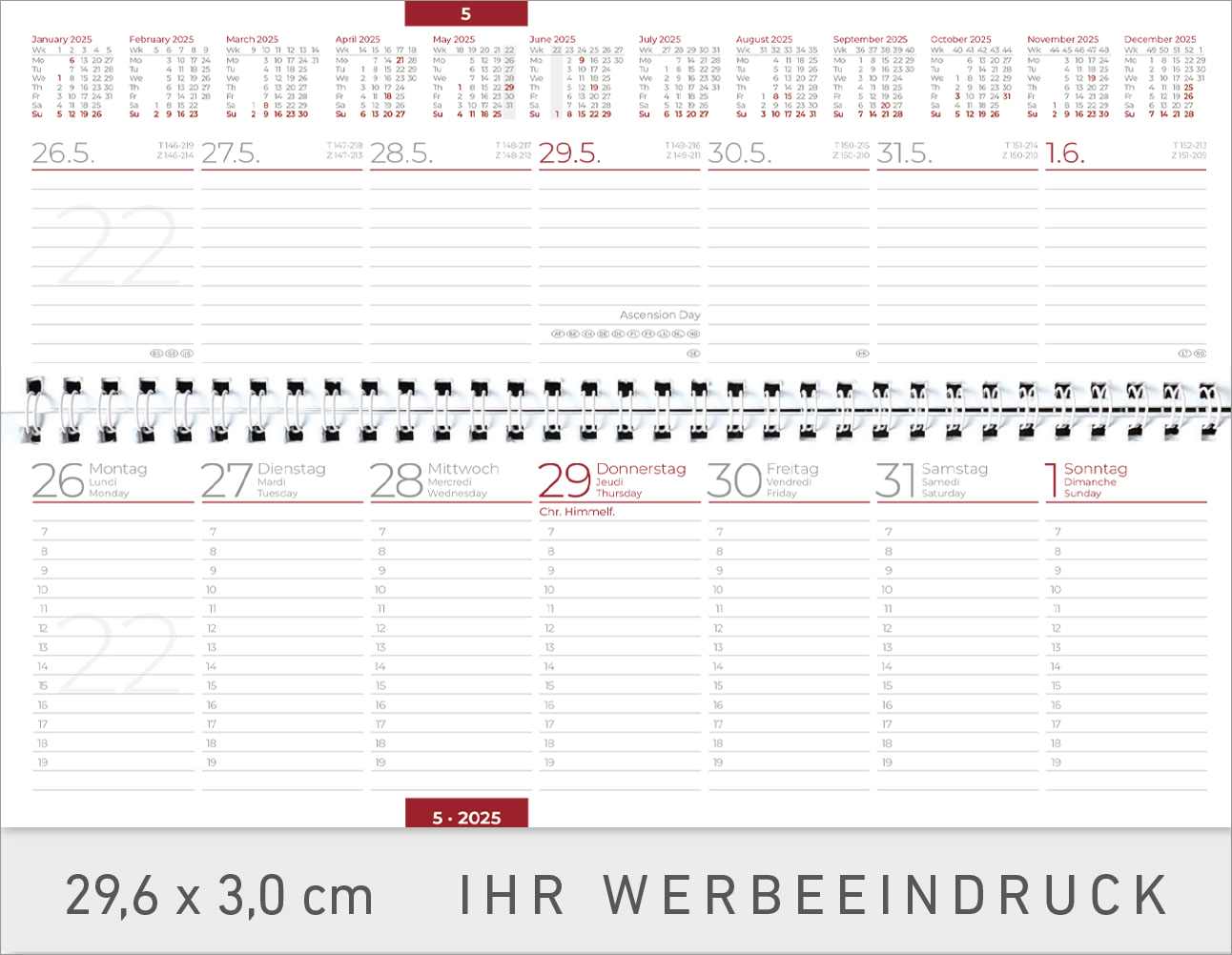 Tischquerkalender Formentera
Kartoneinband
1 Woche / 2 Seiten
Deutsch mit Nebensprachen FR-GB grau/rot