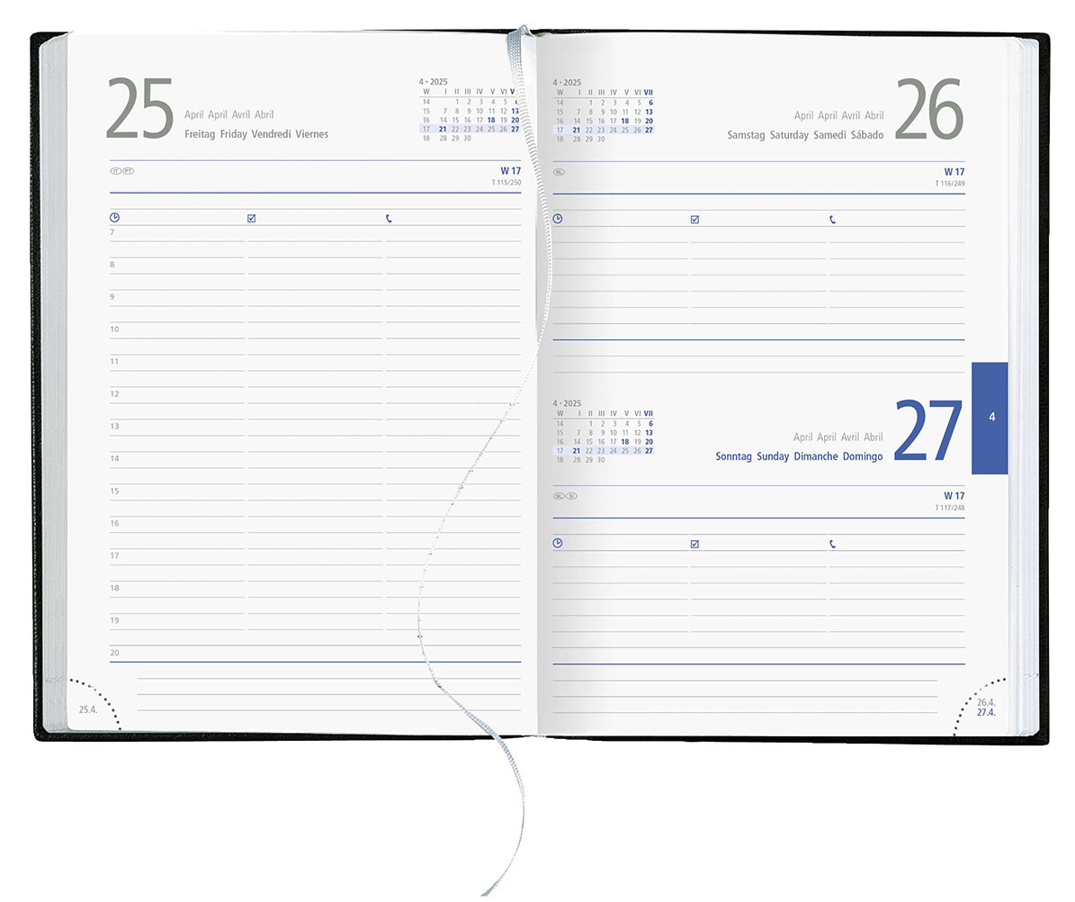 Tagesbuchkalender Columbia
Balacron schwarz
1 Woche / 6 Seiten
4-sprachig DE-GB-FR-ES grau/blau