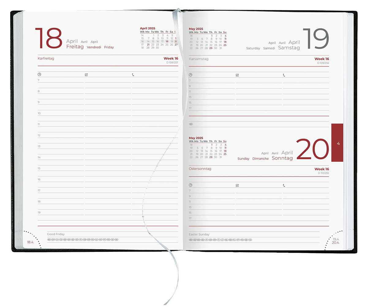 Tagesbuchkalender Loire
Balacron schwarz
1 Woche / 6 Seiten
Deutsch mit Nebensprachen GB-FR grau/rot