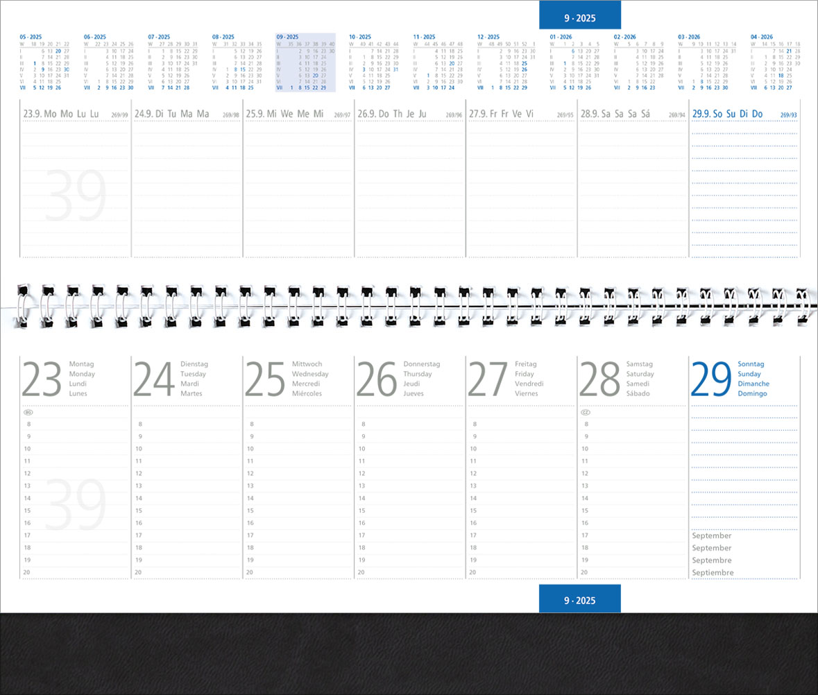 Tischquerkalender Teneriffa
Soft-Touch schwarz
1 Woche / 2 Seiten
4-spr. DE-GB-FR-ES grau/blau