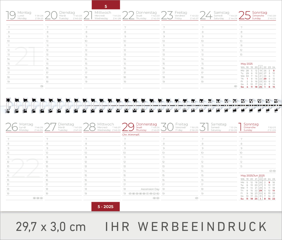 Tischquerkalender Menorca
Kartoneinband
1 Woche / 1 Seite
Deutsch mit Nebensprachen FR-GB grau/rot